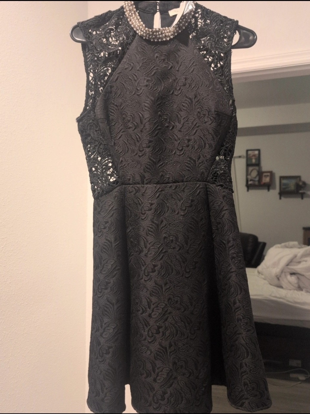 Francesca's Collections Black Pearl-Trim Lace A-Line Mini Dress